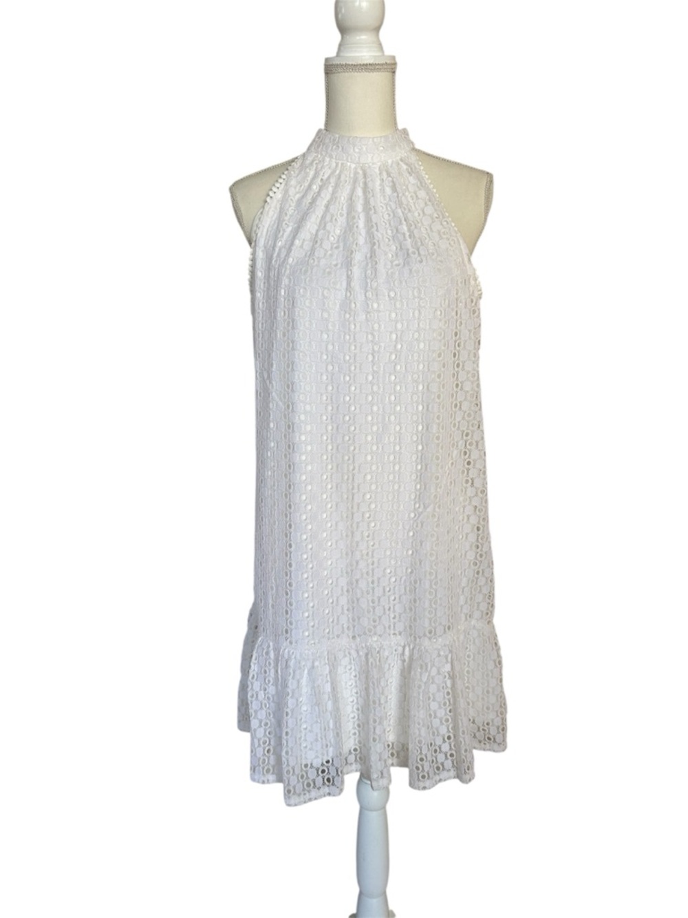 Leslie Faye White Lace Halter Ruffle Dress